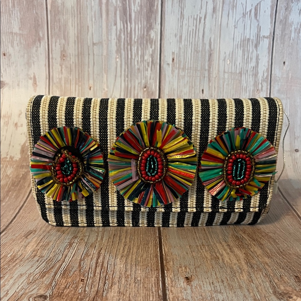 Boho Striped Raffia Clutch with Beaded Floral Accents - NWOT